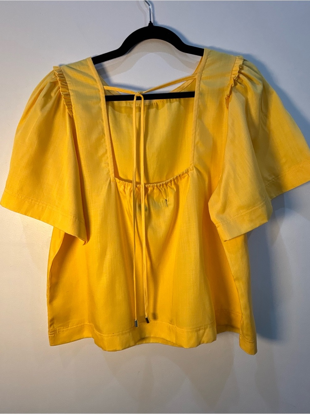 New York & Company Blouse XL Yellow Puff Sleeve Lyocell Cottagecore Tie Back Top - Picture 7 of 11
